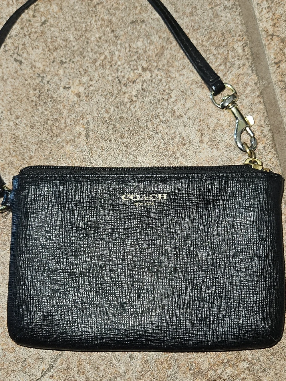 Coach Black Leather Wristlet with Gold Logo